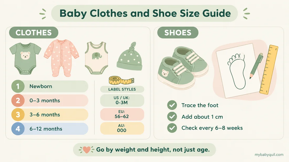 Baby clothes and shoe size guide showing clothing sizes from newborn to 12 months, US, UK, EU and Australian label styles, and how to trace a baby's foot