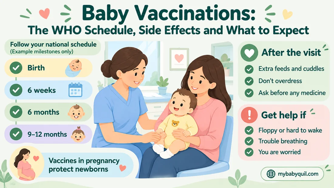 Illustration of a nurse and a parent holding a smiling baby in a clinic, with example vaccination milestones (birth, 6 weeks, 6 months, 9 to 12 months), tips for after the visit, signs to get help and a note that vaccines in pregnancy protect newborns