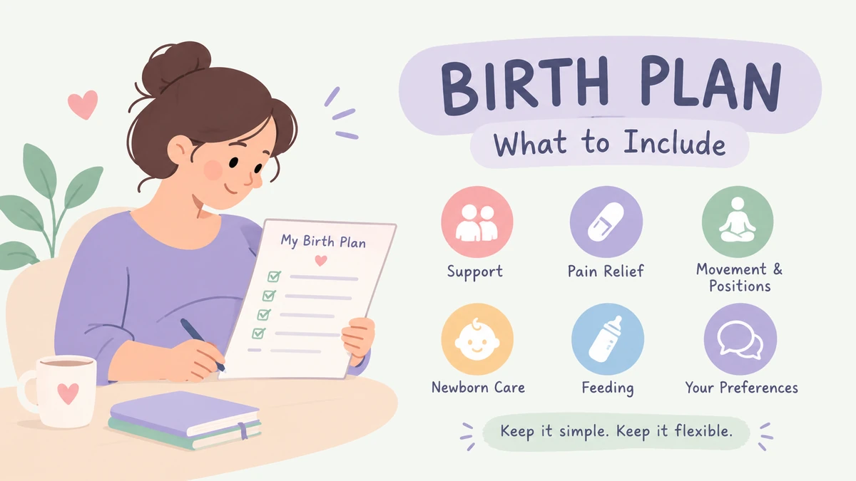 Illustration of a woman writing her birth plan as a checklist, with six topics to cover: support, pain relief, movement and positions, newborn care, feeding, and your preferences. Keep it simple and flexible.