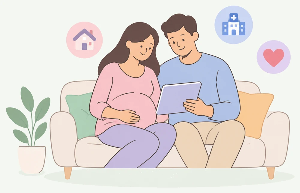 Pregnant woman and her partner discussing birth options together at home