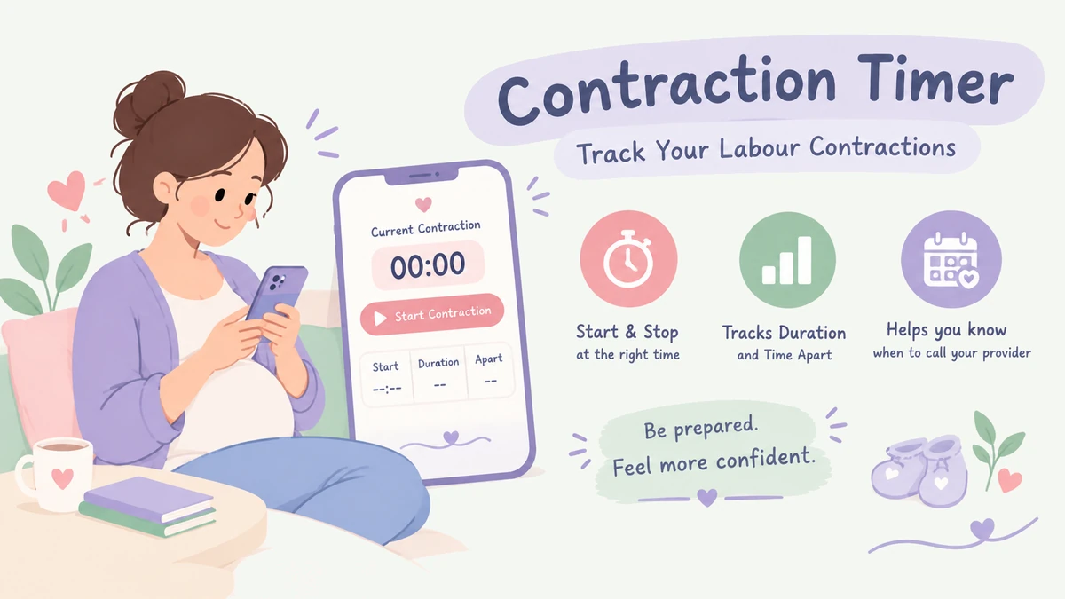 Overview of the contraction timer: start and stop to time each contraction, track duration and time apart, and know when to call your provider