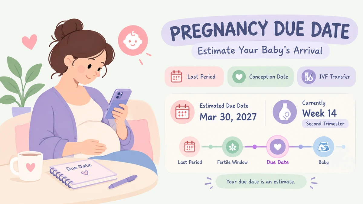 Overview of the due date calculator: enter your last period, conception date, or IVF transfer date to see your estimated due date and current pregnancy week