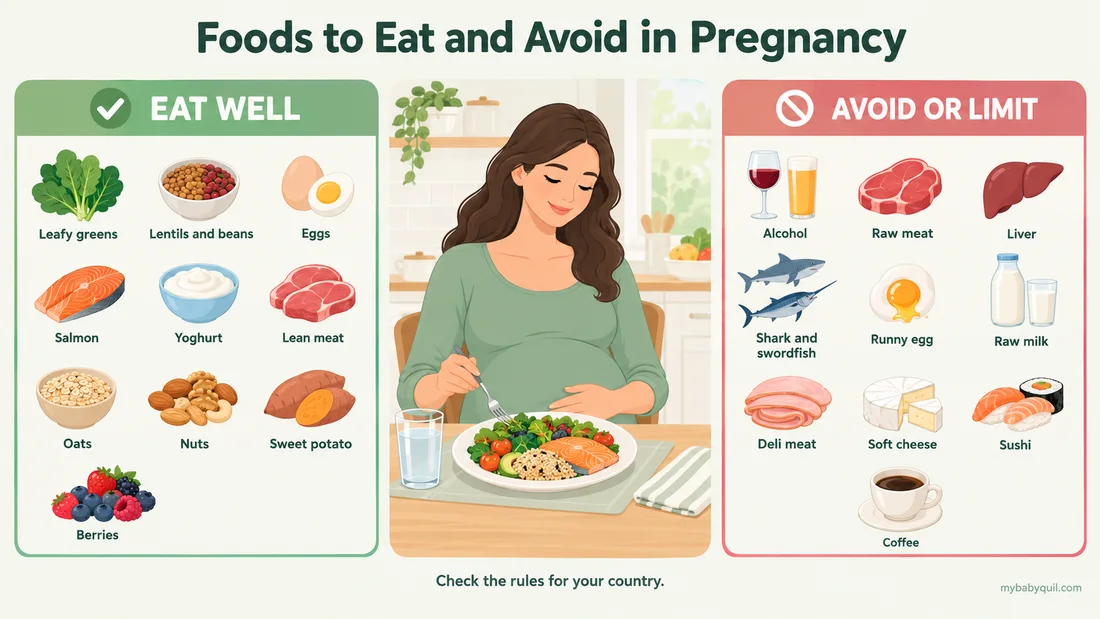 Infographic of foods to eat in pregnancy, such as leafy greens, lentils, eggs and salmon, and foods to avoid or limit, such as alcohol, raw meat, liver, deli meat and soft cheese