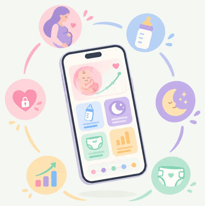 BabyQuil app screen surrounded by icons for pregnancy, feeding, sleep, nappies, growth tracking and privacy