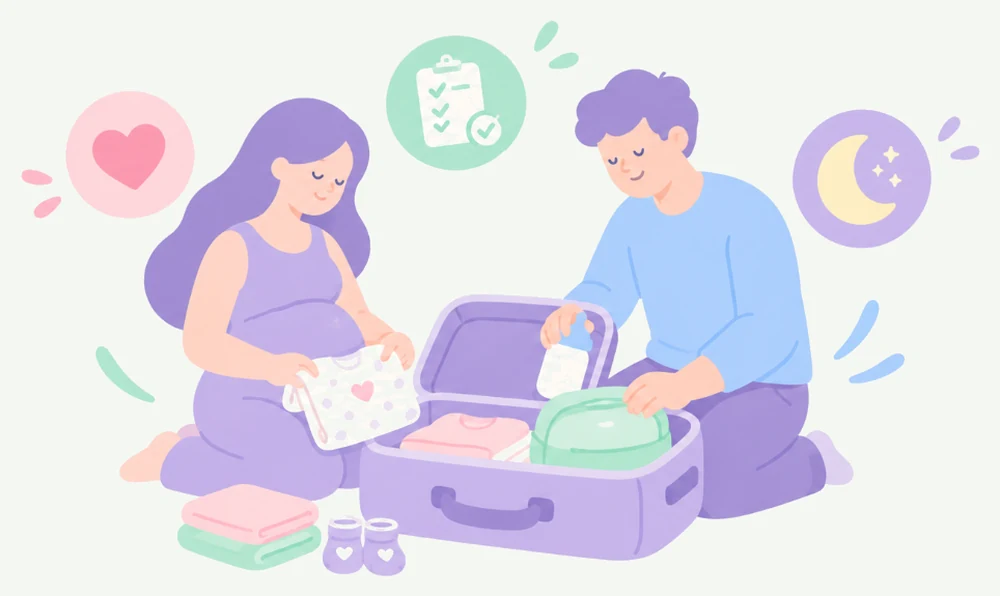 Pregnant woman and her partner packing a hospital bag together for labor and delivery