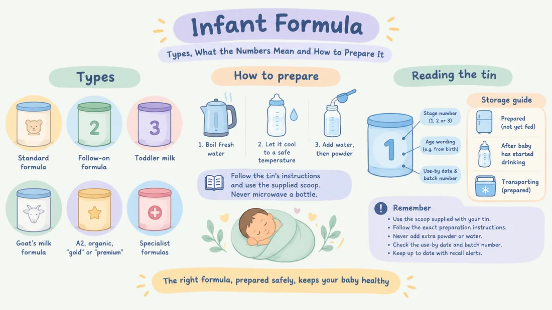 Infographic of infant formula types, how to prepare a bottle, how to read the tin and a guide to storage times