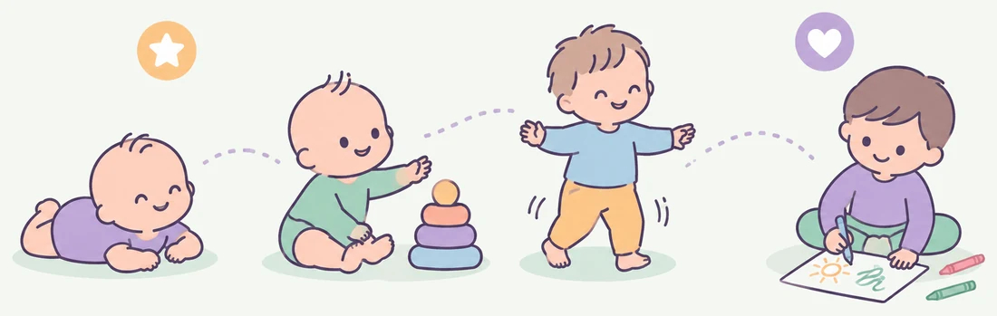 Illustration of a child's development from tummy time to sitting and playing, walking, and drawing