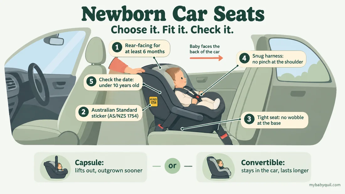 Side-on cutaway of a car showing a newborn in a rear-facing infant car seat on the back seat, facing the back of the car, with five labelled checks and a capsule versus convertible comparison