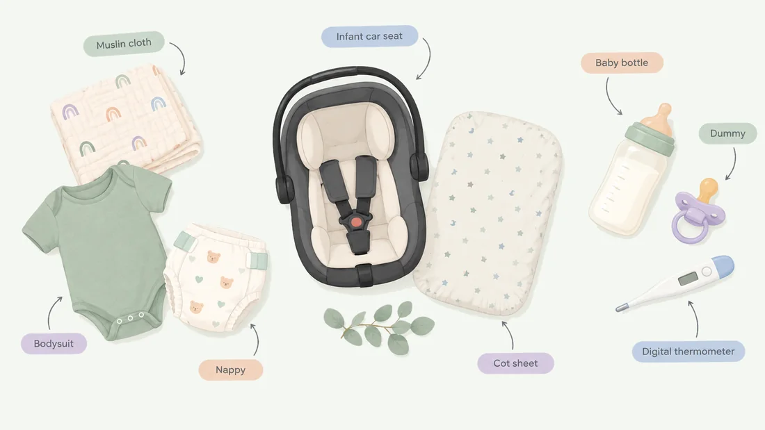 Flat lay of newborn items: muslin cloth, bodysuit, nappy, infant car seat, cot sheet, baby bottle, dummy and digital thermometer