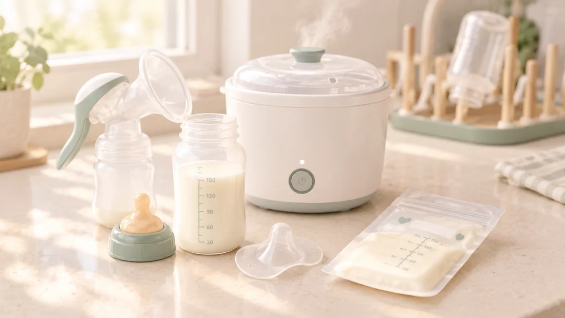 Kitchen bench with a hand breast pump, a bottle of milk, a teat, a nipple shield, a milk storage bag and a steriliser