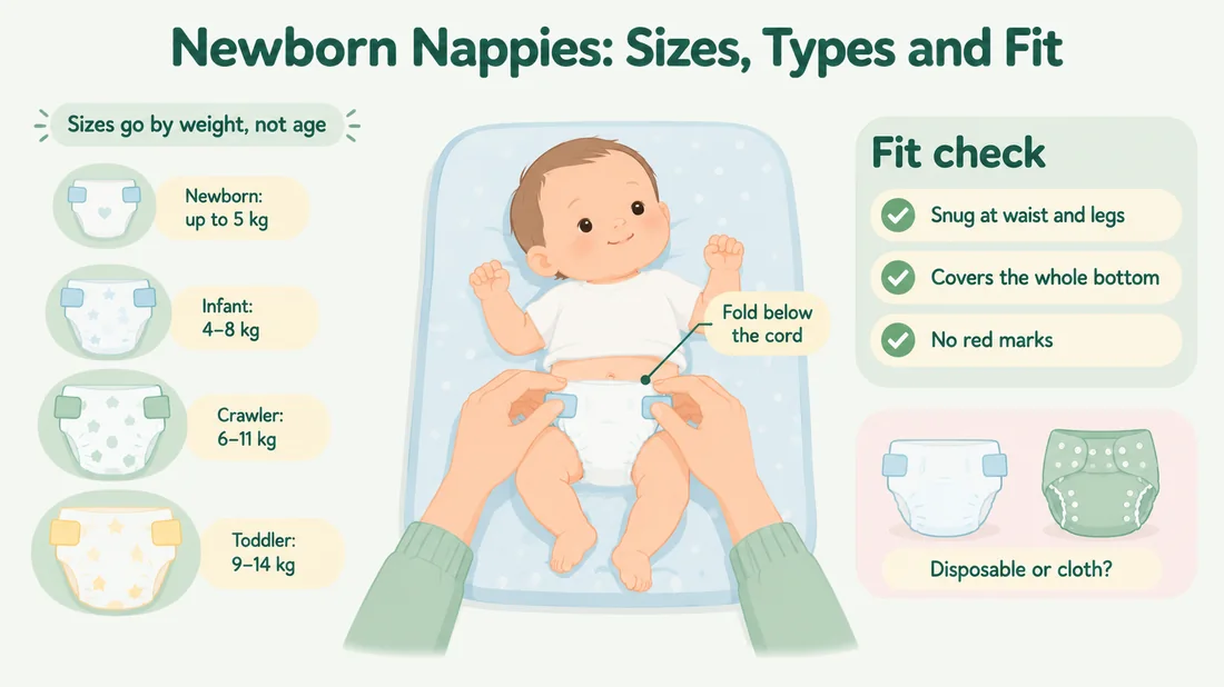 Illustration of a parent fastening a nappy on a newborn lying on a changing mat, with a nappy size ladder (Newborn up to 5 kg, Infant 4 to 8 kg, Crawler 6 to 11 kg, Toddler 9 to 14 kg), a fit check and a disposable versus cloth comparison