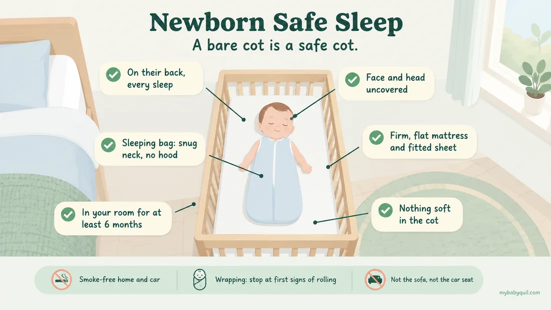Overhead view of a newborn asleep on their back in an empty cot beside the parents bed, wearing a hoodless sleeping bag, with six safe sleep checks and reminders about smoke-free air, wrapping and sofas