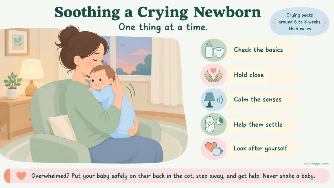 Illustration of a parent gently holding and soothing a newborn in a quiet evening room, with five soothing steps: check the basics, hold close, calm the senses, help them settle and look after yourself