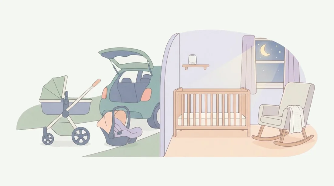 Illustration of a pram and infant car seat beside a car on the left, and a bare cot, rocking chair and white-noise machine in a nursery on the right