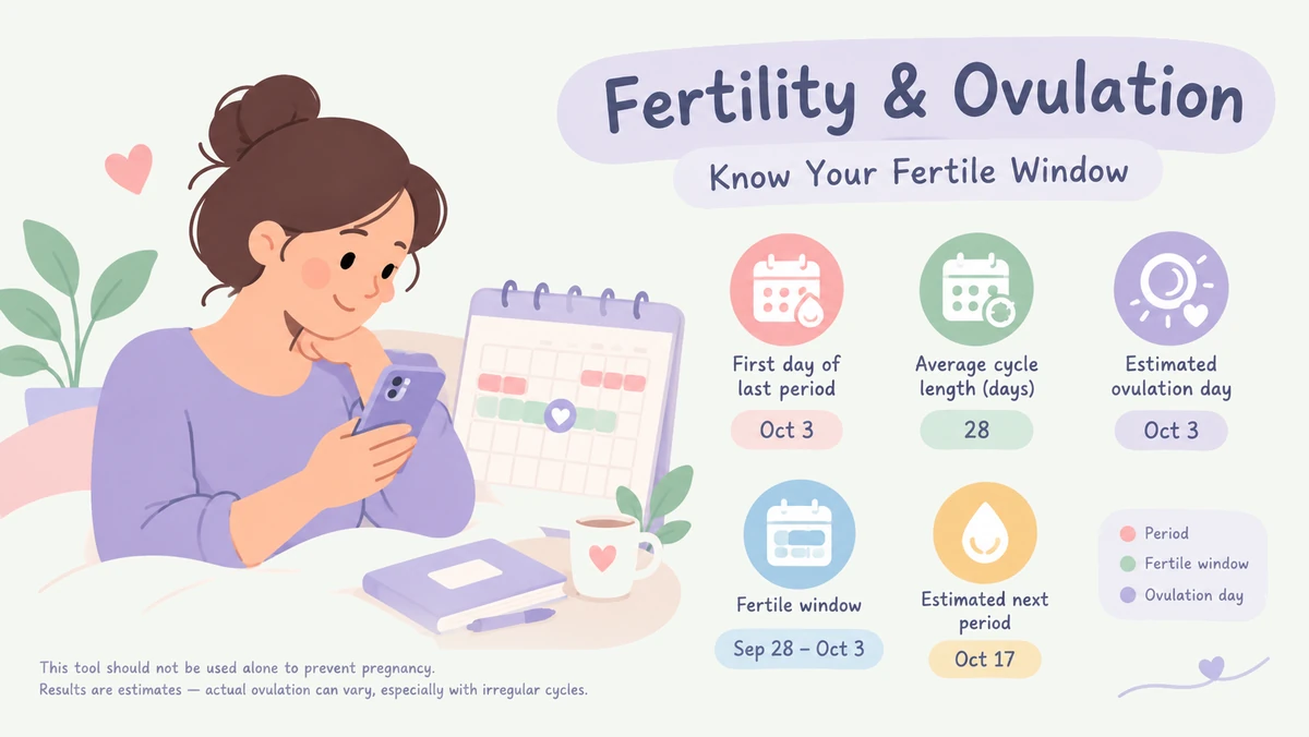 Overview of the ovulation calculator: enter the first day of your last period and average cycle length to see your estimated ovulation day, fertile window, and next period