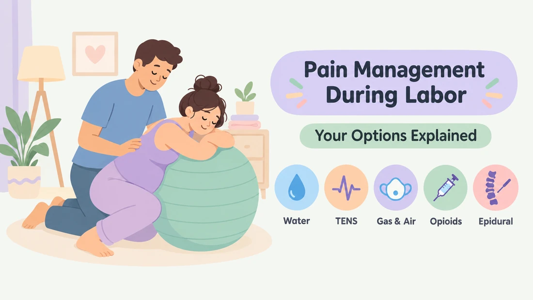 Pregnant woman leaning on a birth ball while her partner massages her back