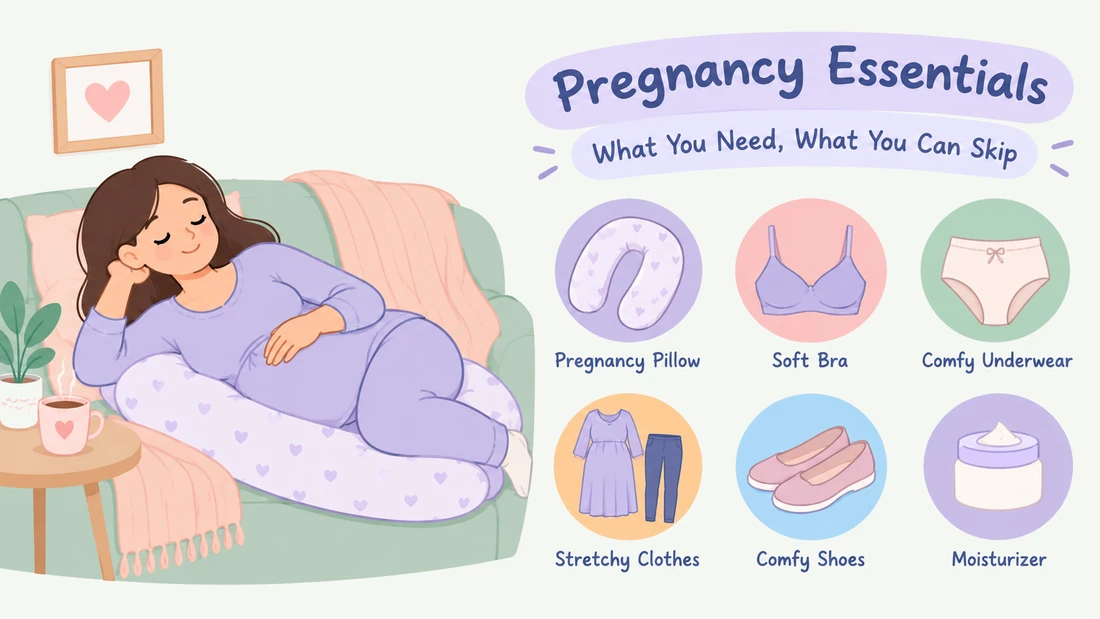 Pregnant woman resting on her side on a couch with a pregnancy pillow, alongside illustrations of a pillow, bra, underwear, stretchy clothes, shoes, and moisturizer