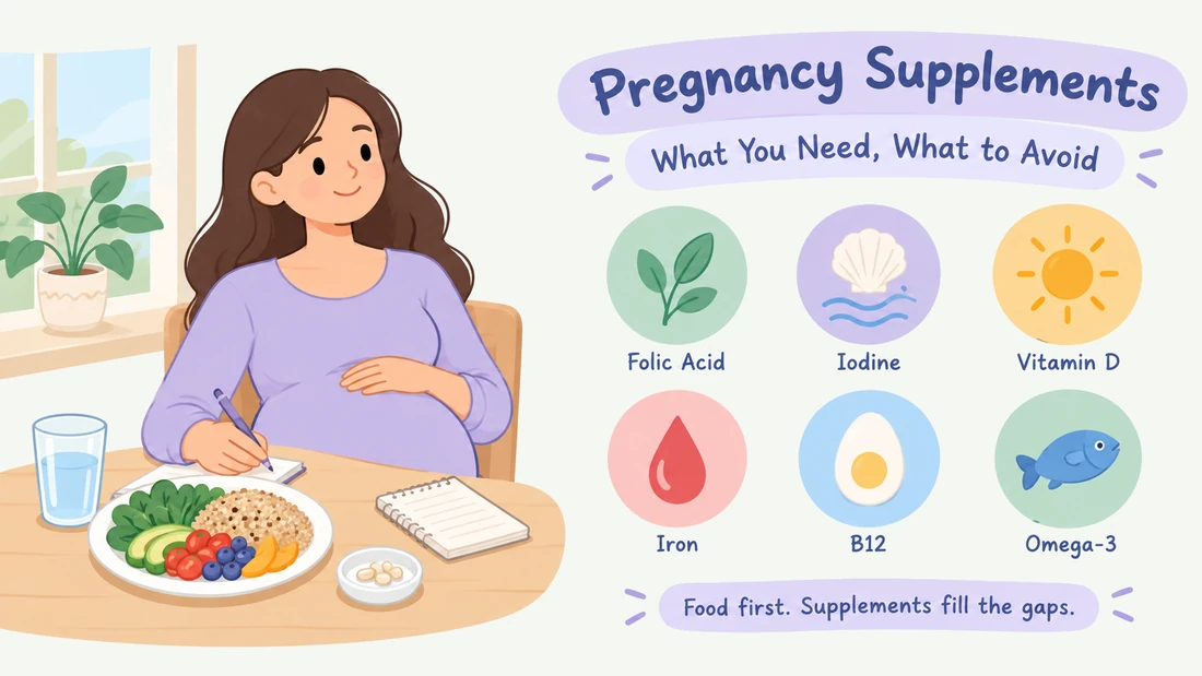 Pregnant woman at a kitchen table with a balanced plate of food, a small dish of capsules, and a notepad, alongside icons for folic acid, iodine, vitamin D, iron, B12, and omega-3