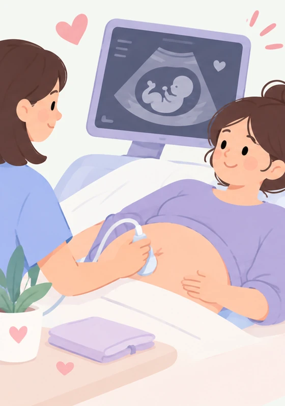 Pregnant woman having an ultrasound scan, with her partner watching the monitor