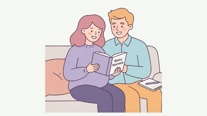 Parents reading a baby names book together on the couch