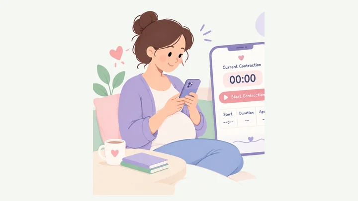Woman using the BabyQuil contraction timer on her phone to time and track labor contractions