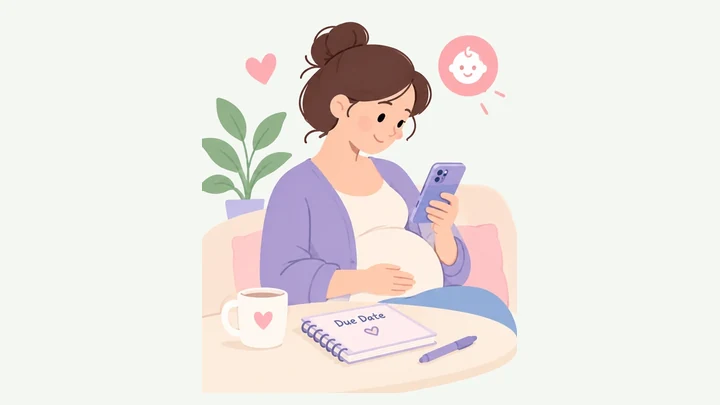 Pregnant woman checking her due date on her phone