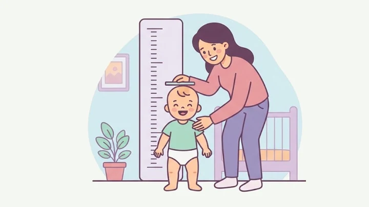 Mother measuring her toddler's height against a growth chart on the wall