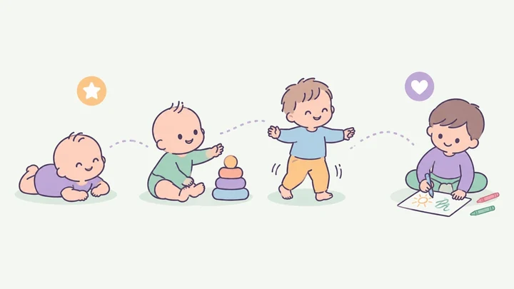 Illustration of a child growing from tummy time to sitting, walking and drawing