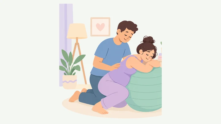 Pregnant woman leaning on a birth ball while her partner massages her back