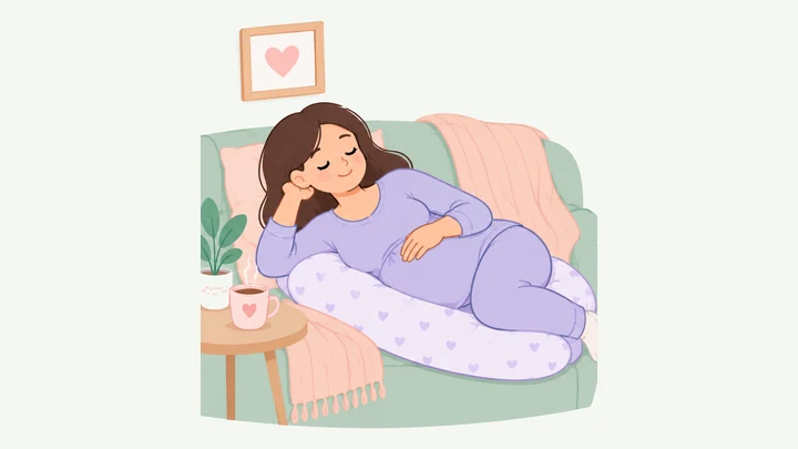 Pregnant woman resting on her side on a couch with a pregnancy pillow