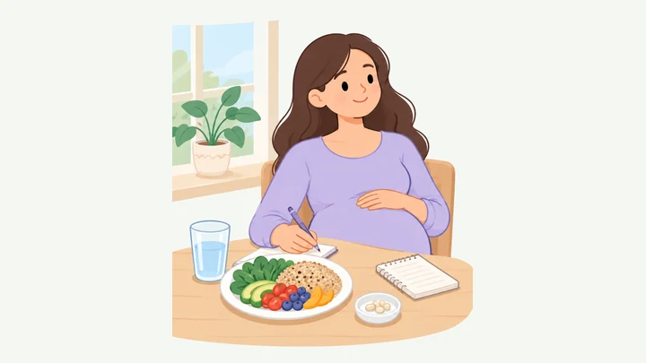 Pregnant woman at a kitchen table with a balanced plate of food and a notepad