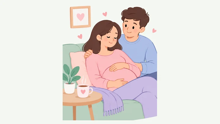 Pregnant woman resting on the couch with her partner, a cup of tea nearby
