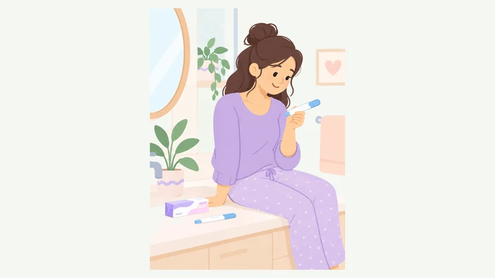 Woman sitting on her bathroom counter looking at a home pregnancy test