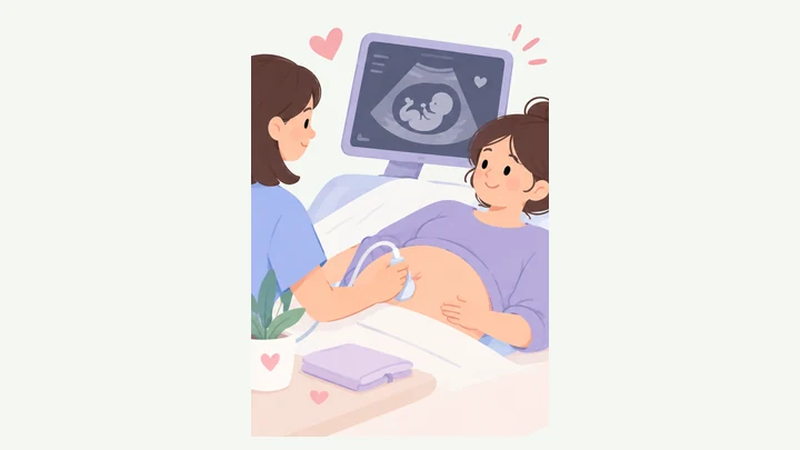 Pregnant woman having an ultrasound scan, with her partner watching the monitor