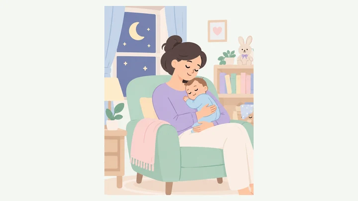 Parent gently holding a sleeping baby in a cozy armchair at night