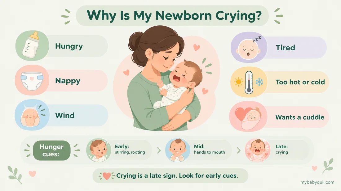 Parent holding a crying newborn, surrounded by common reasons for crying such as hunger, nappy, wind, tiredness, temperature and wanting a cuddle, with hunger cues from early to late