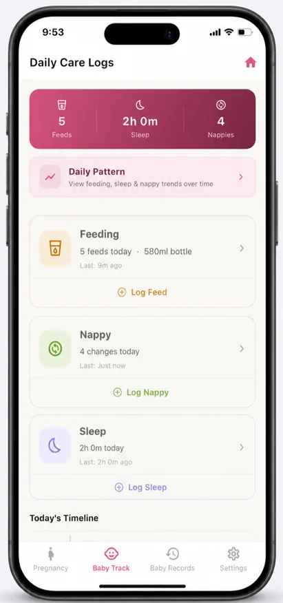 BabyQuil Daily Care Logs screen showing feeds, nappies, and sleep