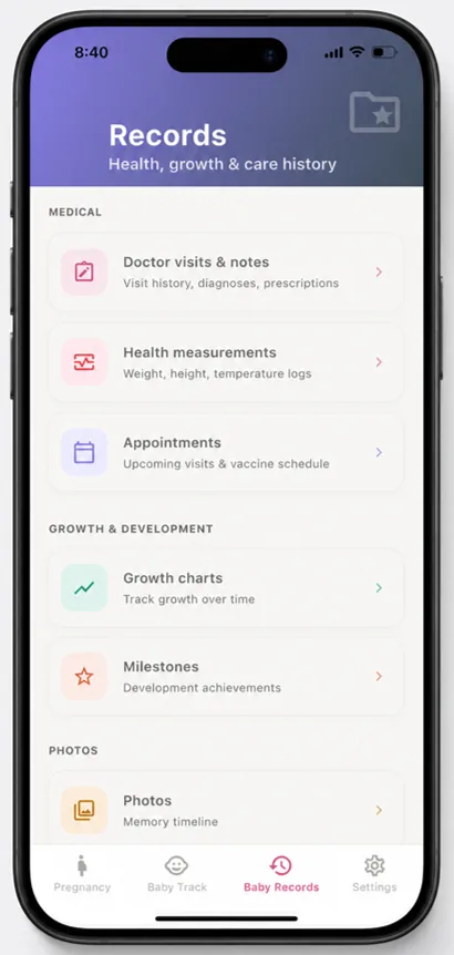 BabyQuil Records menu with doctor visits, health measurements, appointments, growth charts, and milestones